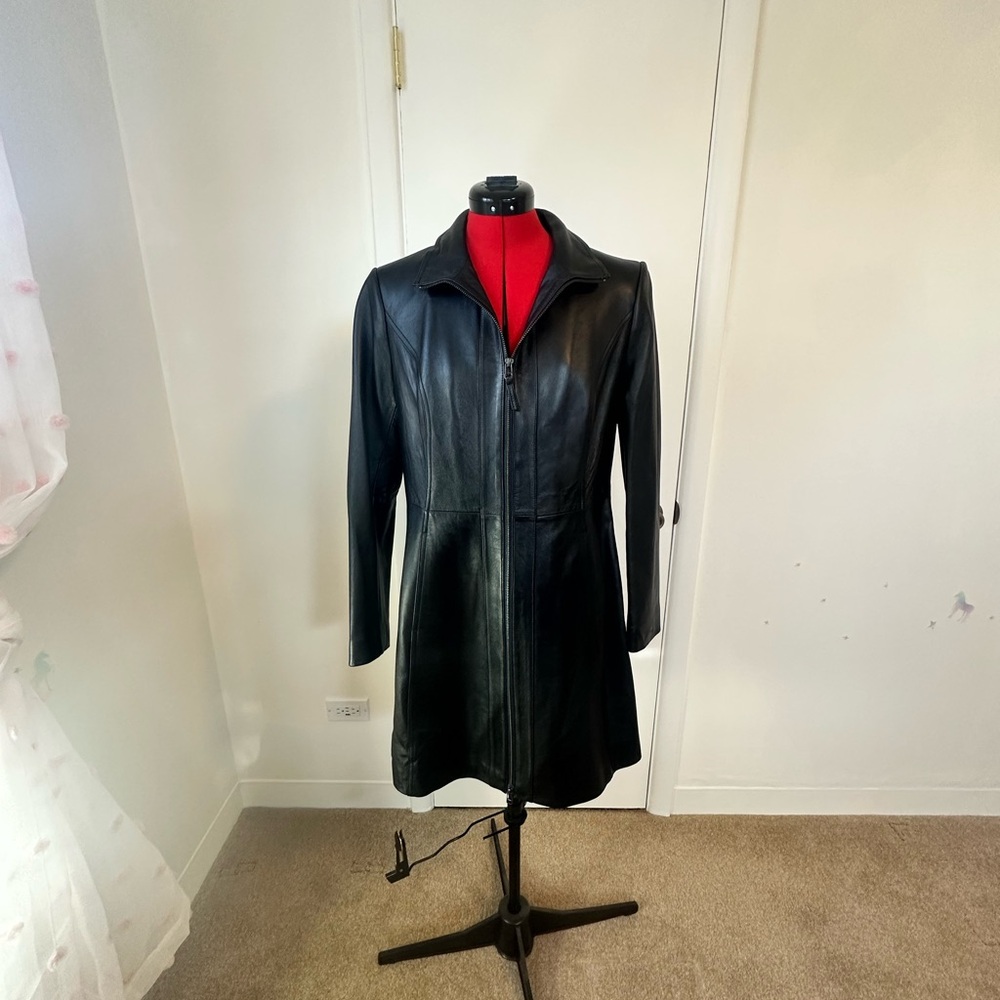 Katherine Kelly Black Lamb Leather Zip-Front Coat, SZ S, made in Korea
